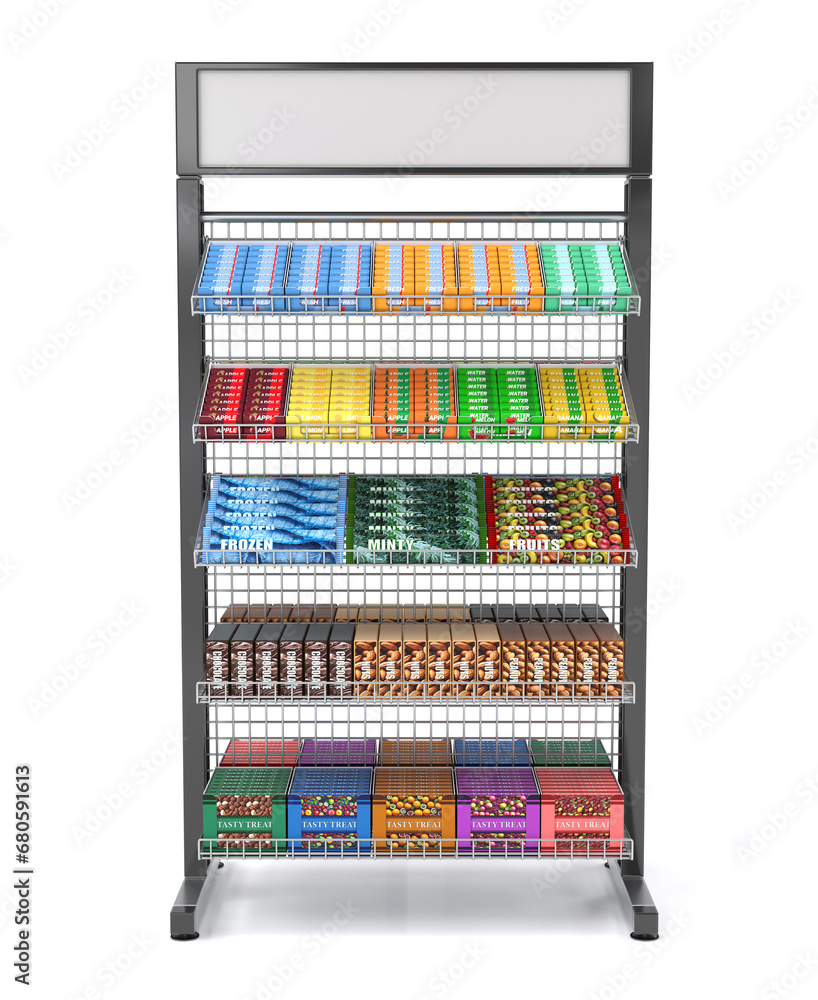 Showcase made of metal mesh with shelves and display of goods. 3d illustration Showcase made of metal mesh with shelves and display of goods. 3d illustration