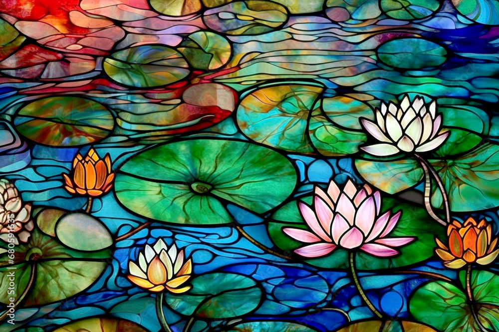 Seerosen - Glasmalerei Mosaik von Natur am Teich - buntes Tiffany Glas