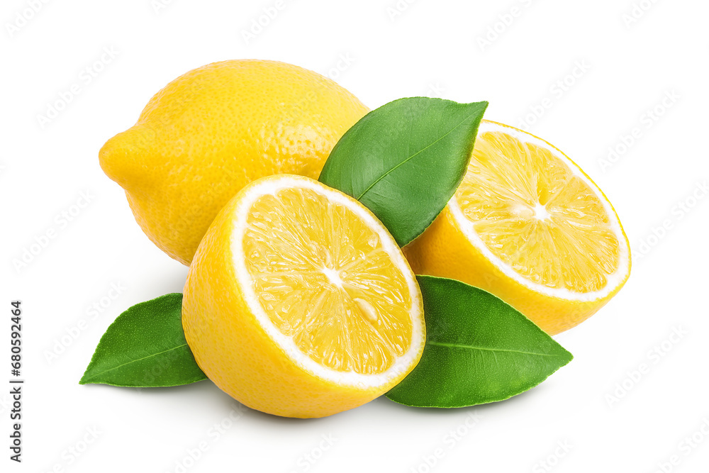 Ripe lemon with half isolated on white background with full depth of field.