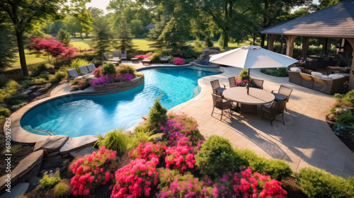 Aerial view of beautiful luxury swimming pool in hotel garden with sunbeds and umbrellas. luxury home garden with sun loungers. many colorful flowers and trees.