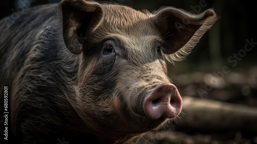 Portrait of a young pig on a dark background in the forest. Wildlife concept. Farming Concept.