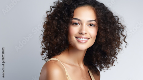 Beautiful woman beauty and skincare face portrait for natural afro, facial or hair care cosmetics. Healthy, beautiful and assertive model with curly hair shine and texture in studio. 