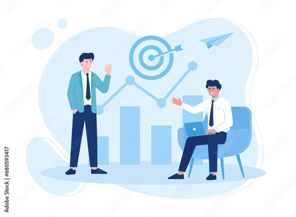 Two men discuss annual business targets concept flat illustration Two men discuss annual business targets concept flat illustration