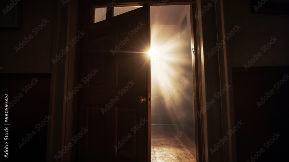 Bright Sunny weather is outside in the summer, warm gentle sun rays penetrate all the cracks and doors to the black room and illuminate the room, the door is almost open for entry. - obrazy, fototapety, plakaty 