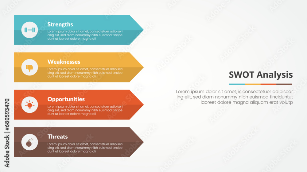 swot business framework strategic template infographic concept for slide presentation with rectangle arrow on left side 4 point list with flat style