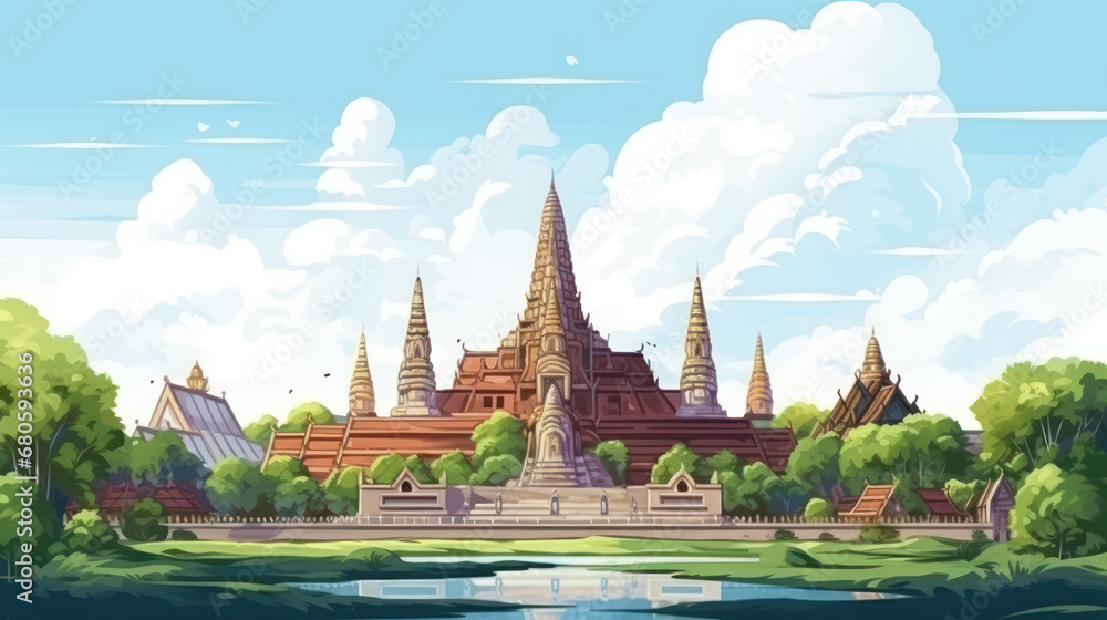 Obraz premium watercolor painting Ayutthaya, an ancient Thai castle