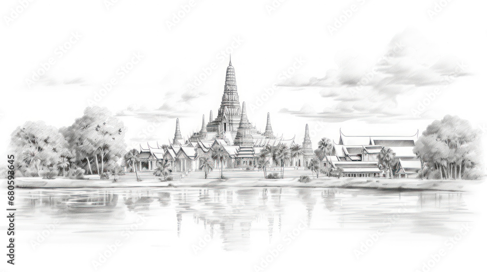 pencil drawing Ayutthaya, an ancient Thai castle