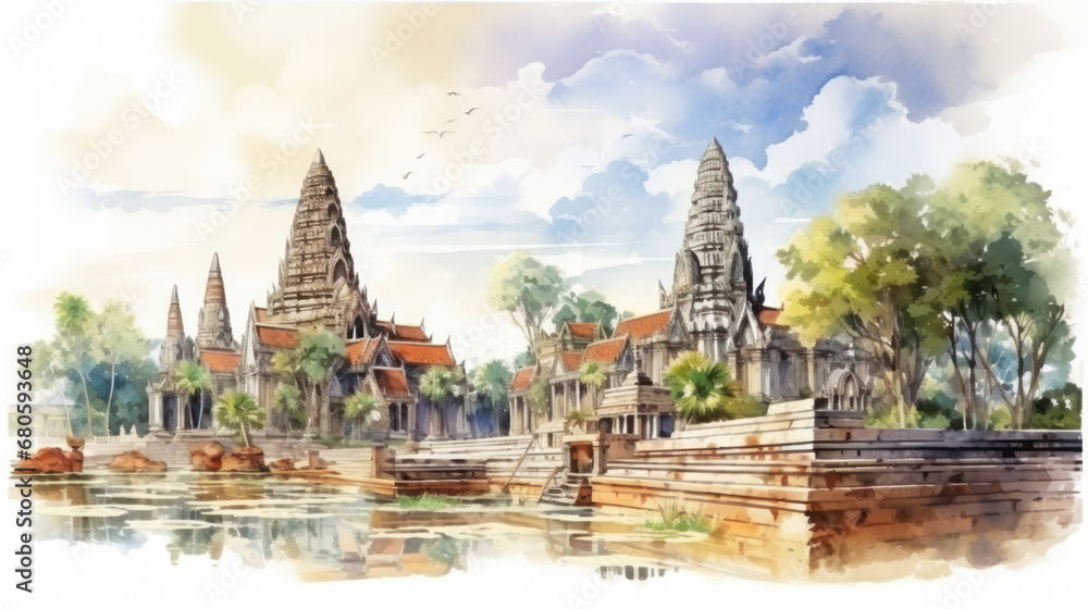 Naklejka premium watercolor painting Ayutthaya, an ancient Thai castle