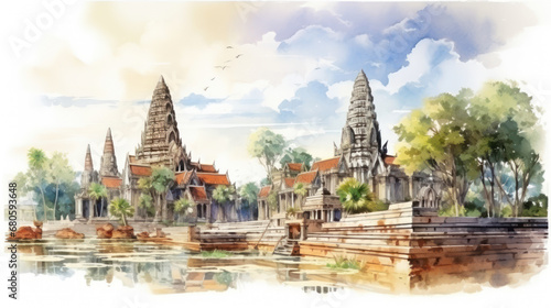 watercolor painting Ayutthaya, an ancient Thai castle photo