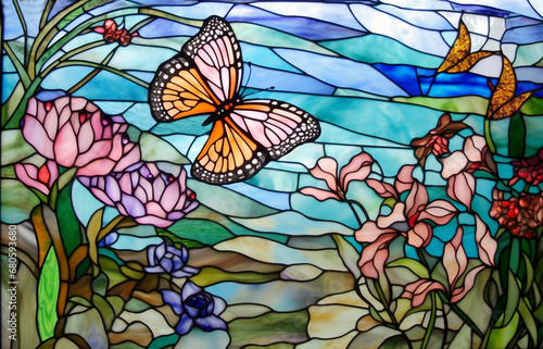 Schmetterling - Glasmalerei Mosaik von Tieren am Teich - buntes Tiffany Glas