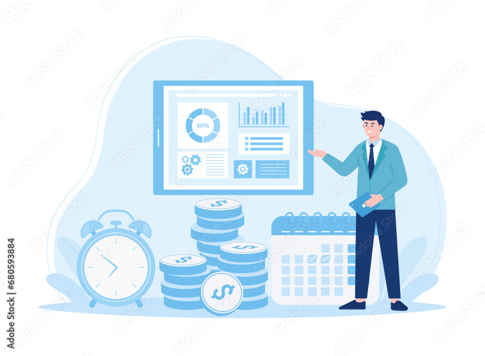 Man doing annual financial check in business concept flat illustration Man doing annual financial check in business concept flat illustration