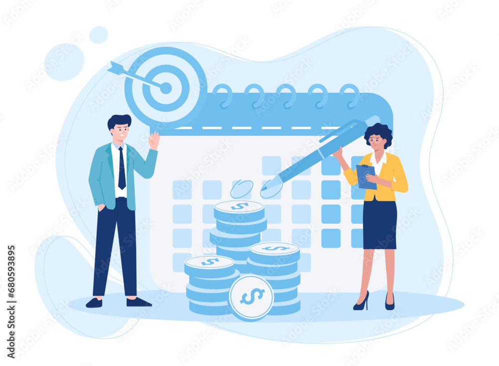 Male and female characters are arranging a schedule for a business concept flat illustration Male and female characters are arranging a schedule for a business concept flat illustration