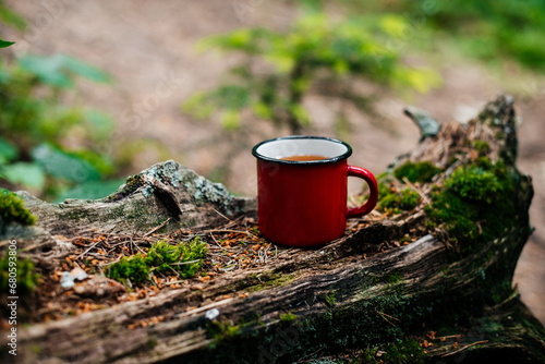 a red mug of tea stands on a log in the forest