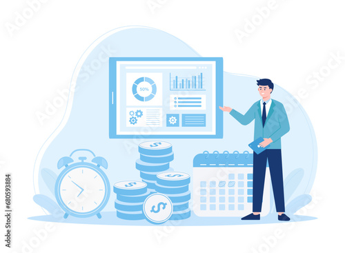 Man doing annual financial check in business concept flat illustration