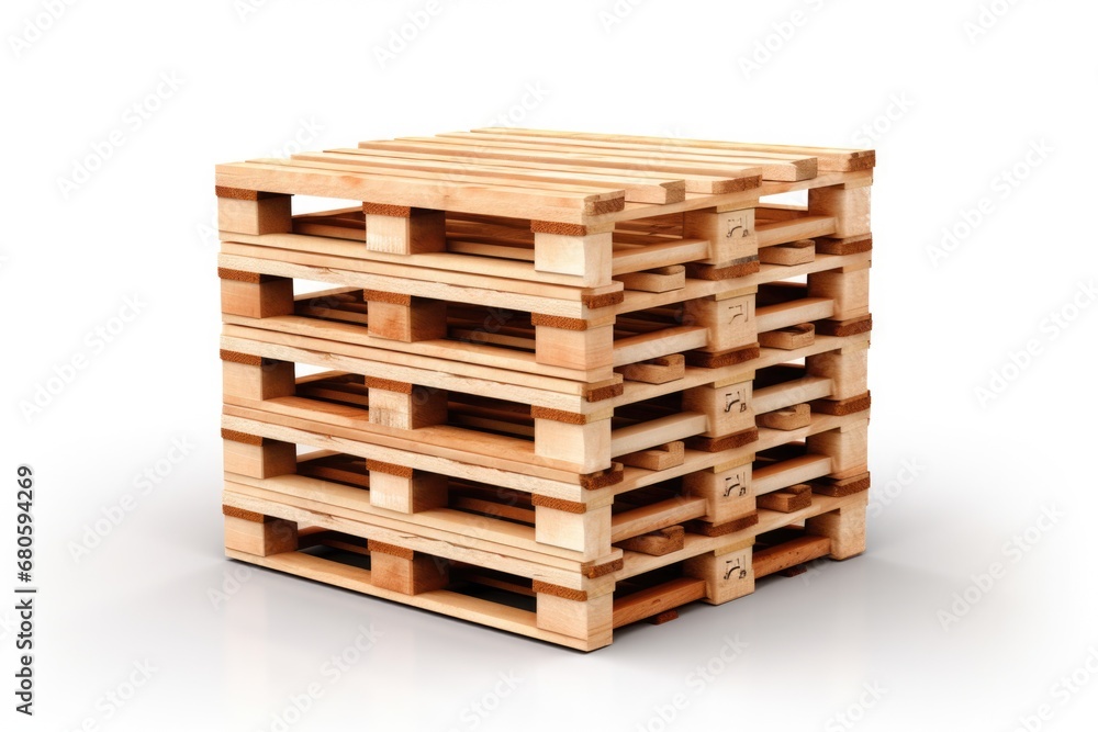 Wood Pallet Stack Isolated on White Background. 3D Illustration of Empty Shipping Cargo Object in Brown Wood Industry Pattern