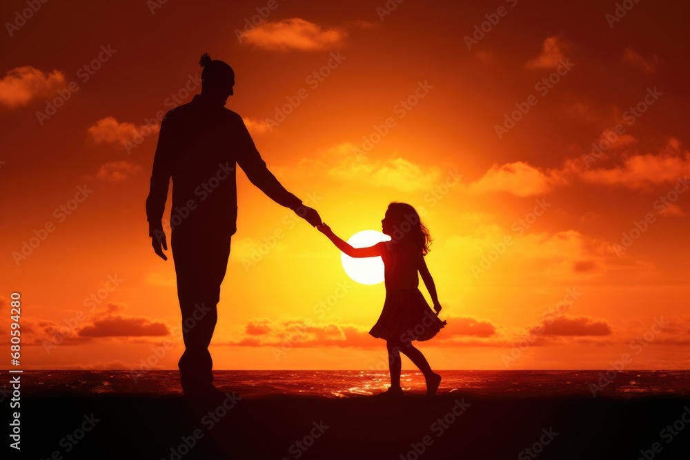 Parental Bonding: Silhouette of a Little Girl Holding Hands with Adult at Sunset in a Flare-filled Sky