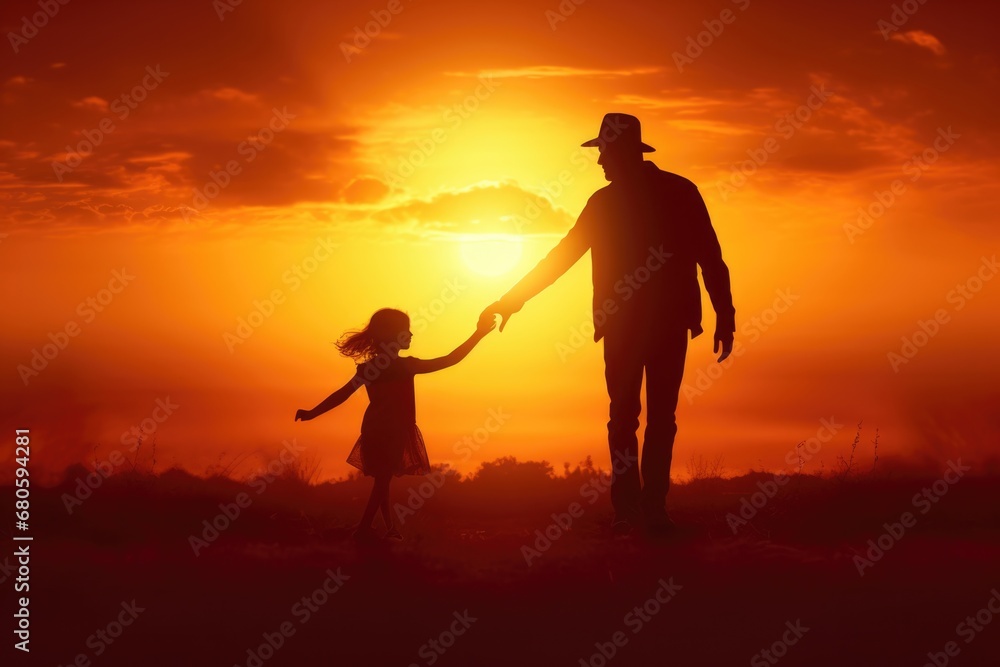 Parent and Child Silhouette Holding Hands at Sunset - Family Bonding, Care, and Friendship Concept with Flare Light Effect