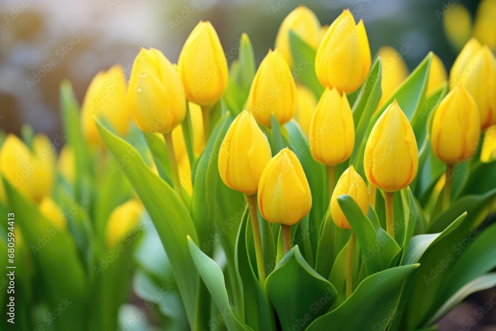 Early Spring Herbal Beauty: Yellow Tulip Buds and Flowers with Leaves and Bulbs Early Spring Herbal Beauty: Yellow Tulip Buds and Flowers with Leaves and Bulbs