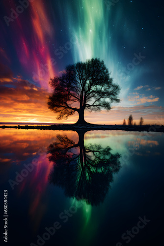 Celestial Dance: Tree Silhouette Against the Aurora Borealis - Generative AI © Martin Lang
