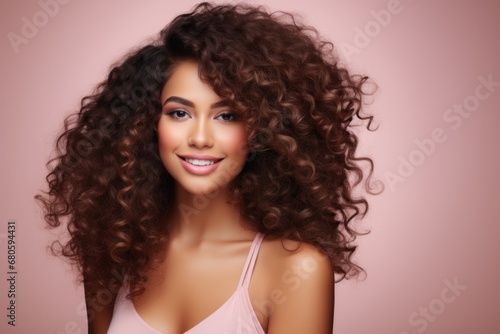 Curly Beauty. Fashionable Studio Portrait of Attractive Woman with Afro Curls Hairstyle Smiling Happily on Beige Background