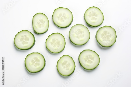 Sliced Cucumber Isolated on White Background. Freshly Chopped Cucumber Slices in Heap with Topview of Whole Cucumber Piece