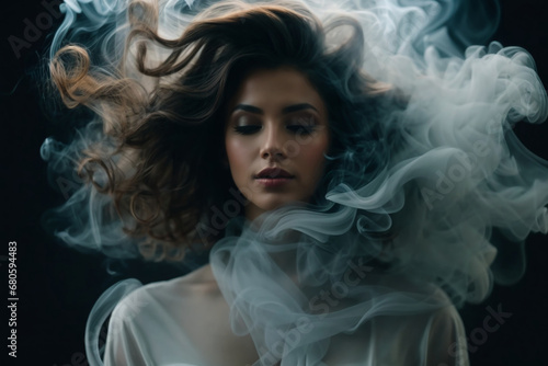 The face of a beautiful woman is shrouded in smoke. Abstract image of dreams, memories, dreams, female beauty