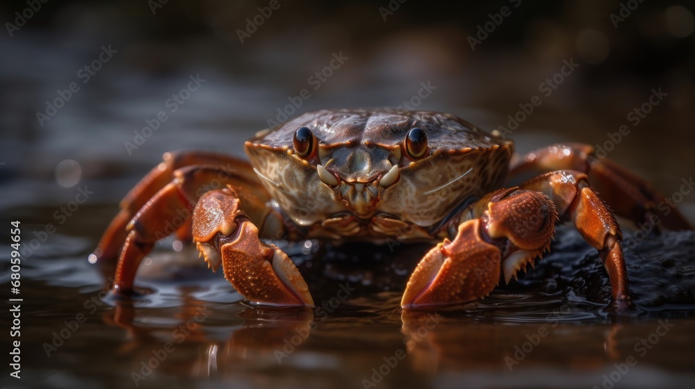 Close-up of a crab in the water. Shallow depth of field. Wildlife concept.  Seafood concept.