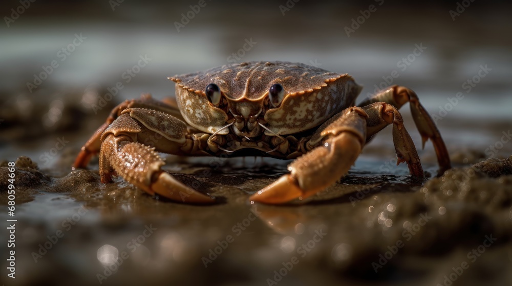 Close up of a small crab on the beach, selective focus. Wildlife concept.  Seafood concept.