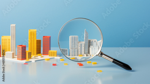 magnifying glass looking skyscraper, toy office