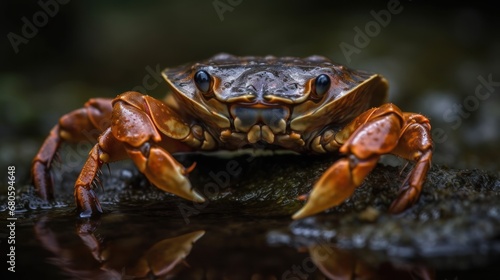 Closeup of a red rock crab in the rainforest. Wildlife concept.  Seafood concept.