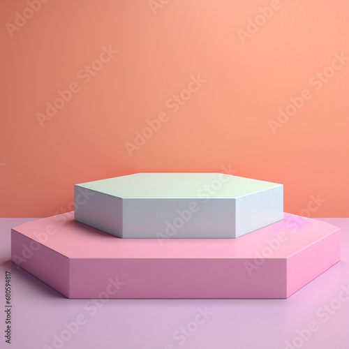 a hexagonal prism display podium, minimalist podium, front view, pastel color, photo realistic