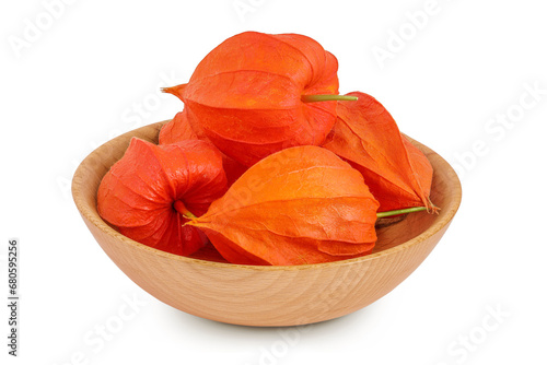 Cape gooseberry, physalis in wooden bowl isolated on white background with full depth of field