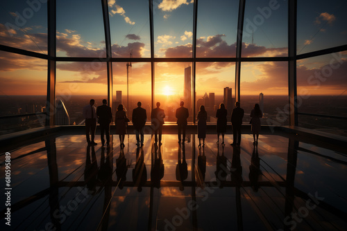 Group of business professionals working in conference room, silhouettes, generative AI.