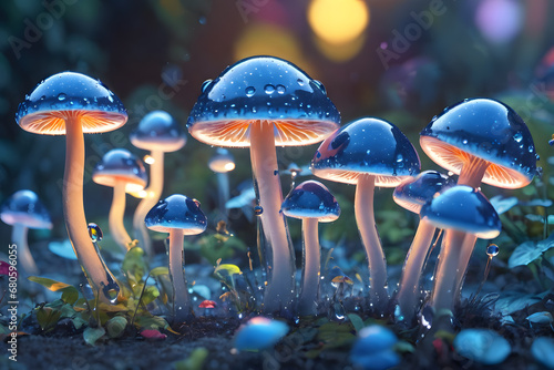 Glowing Mushrooms in Twilight. Created with Generative AI