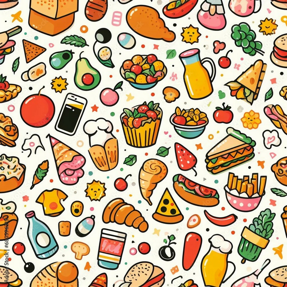 seamless food pattern background illustration.natural organic healthy fresh vegetable fruit tomatoes icon doodle wallpaper.eatery vegetarian vegan ingredient green nature texture vector design.