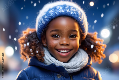 Joyful African American Girl Enjoying Snowfall. Generative AI