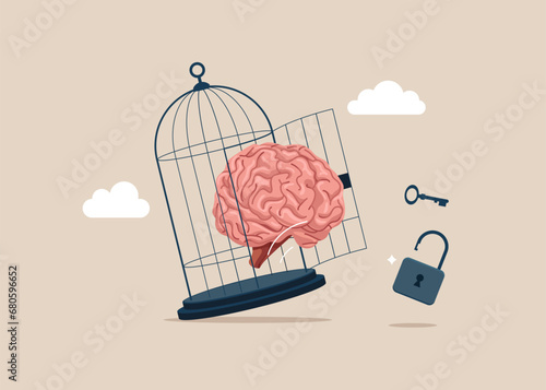 Brain with key free himself from cage. Flat vector illustration.