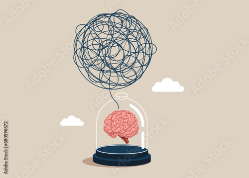 Cerebrum in glass dome with a cloud. Mental health treatment or psychology support. Flat vector illustration