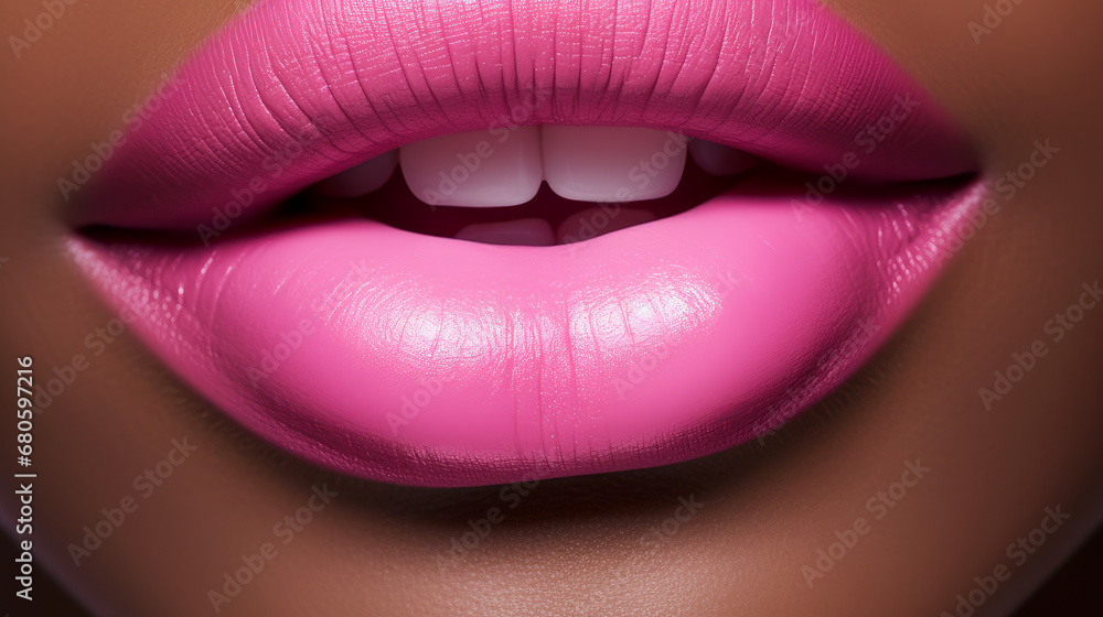Lips with pink lipstick and white teeth of a beautiful, elegant, sexy African American woman with perfect dark skin, close-up. Lips with pink lipstick and white teeth of a beautiful, elegant, sexy African American woman with perfect dark skin, close-up.