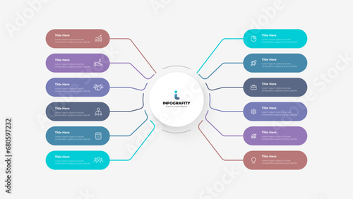 Flowchart infographic business template. Central circle with 12 rounded elements. Vector diagram with twelve options