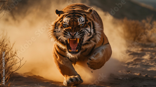 A deadly strike awaits as a ferocious tiger, bathed in morning light, runs for the attack with extended claws, Generative AI