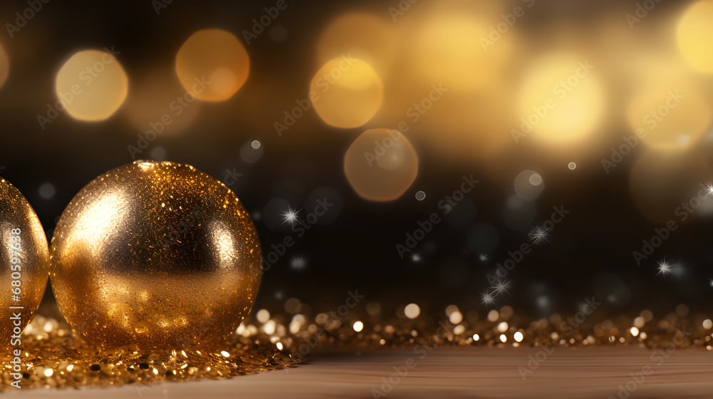 Merry Christmas and Happy Holidays new year celebration banner template - Gold Decor Baubles balls and Golden Giller with Bokeh yellow Light on Wood floor