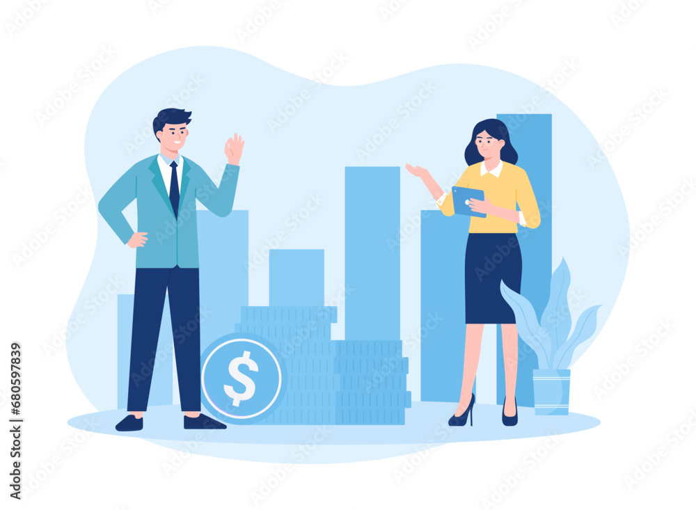 Male and female characters are arranging a schedule for a business concept flat illustration Male and female characters are arranging a schedule for a business concept flat illustration
