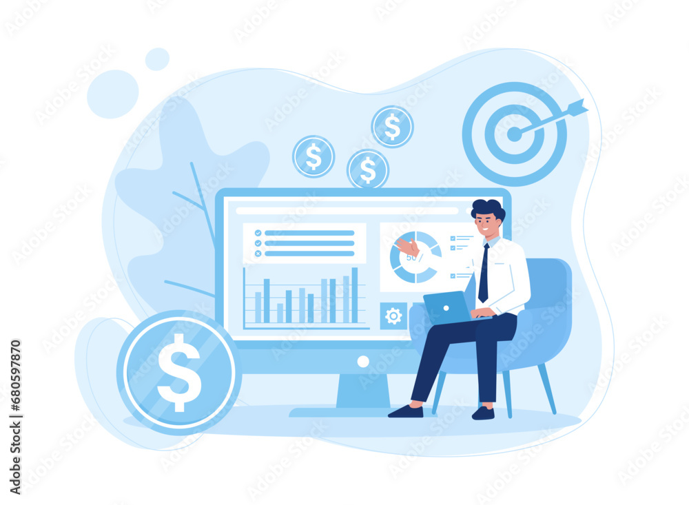 Man doing annual financial check in business concept flat illustration Man doing annual financial check in business concept flat illustration