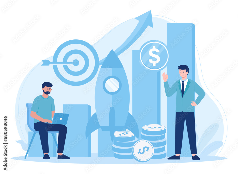 Two men discuss annual business targets concept flat illustration Two men discuss annual business targets concept flat illustration