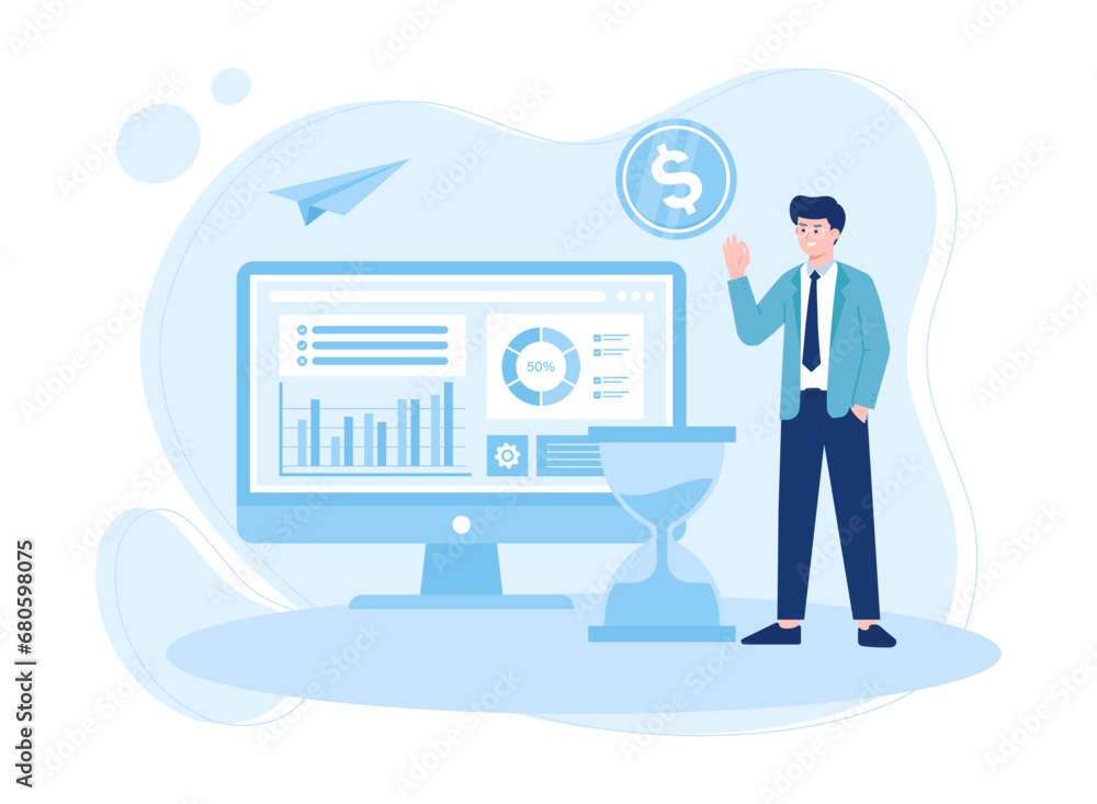 Man doing annual financial check in business concept flat illustration Man doing annual financial check in business concept flat illustration