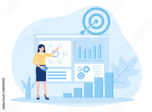 A business woman is analyzing the results of the annual financial report concept flat illustration