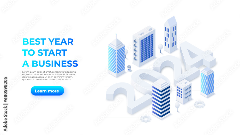 The New Year 2024 isometric number design concept. Landing page with people. Best year to start a business