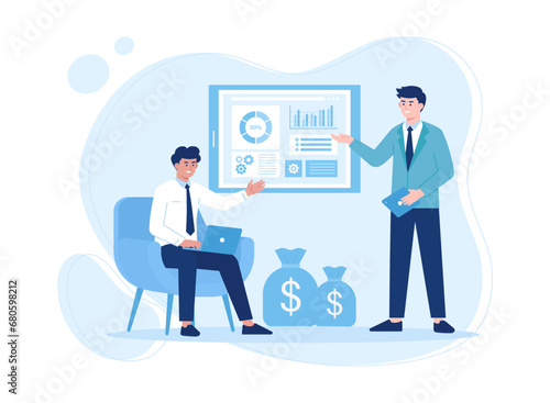 Two men discuss annual business targets concept flat illustration