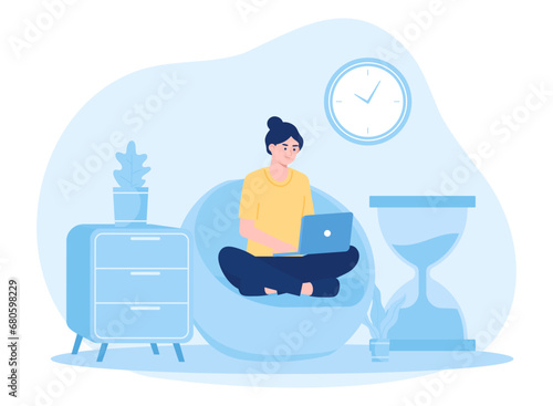 Women work alone from home to speed up work concept flat illustration